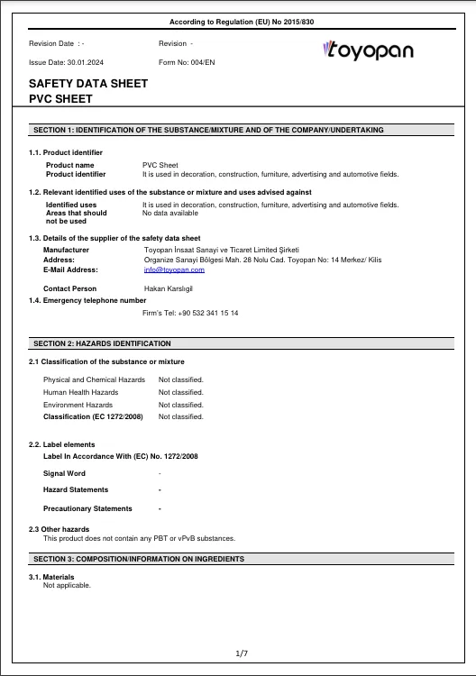 Safety Data Sheet — PVC Sheet
