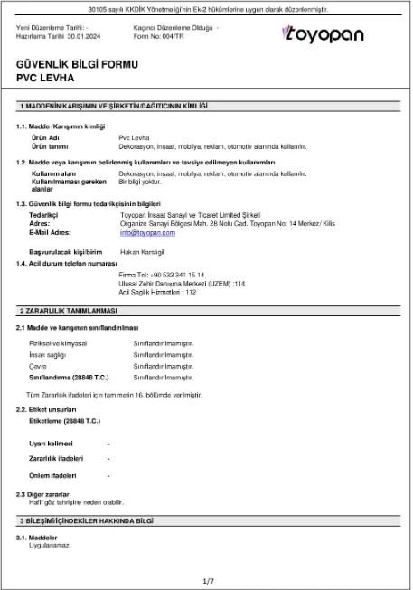 Güvenlik Bilgi Formu — PVC Levha